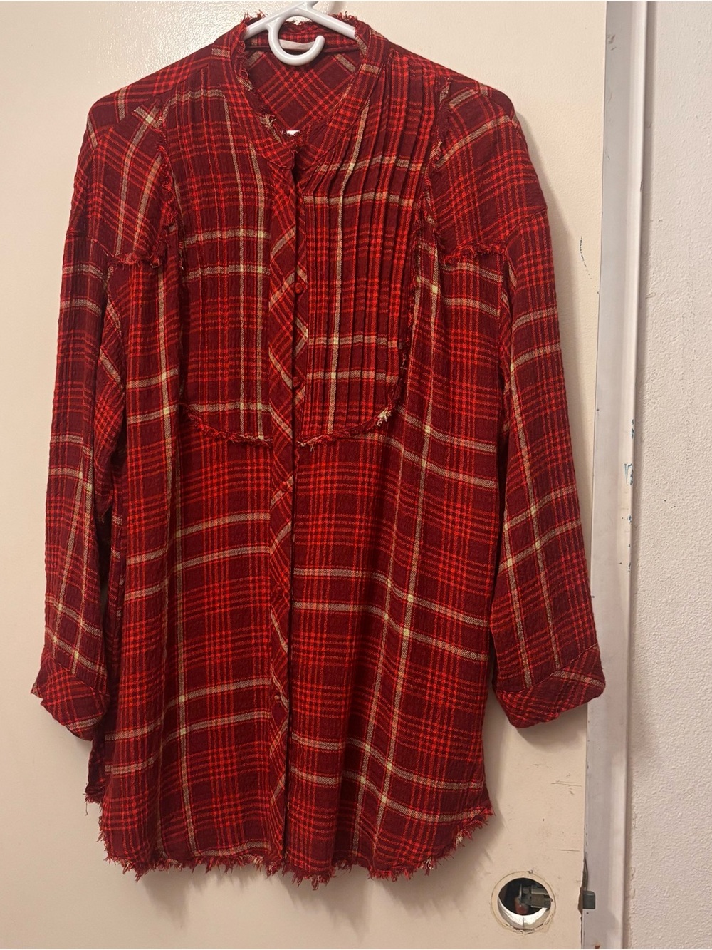 Free People Red Plaid Button-Down Tunic Shirt